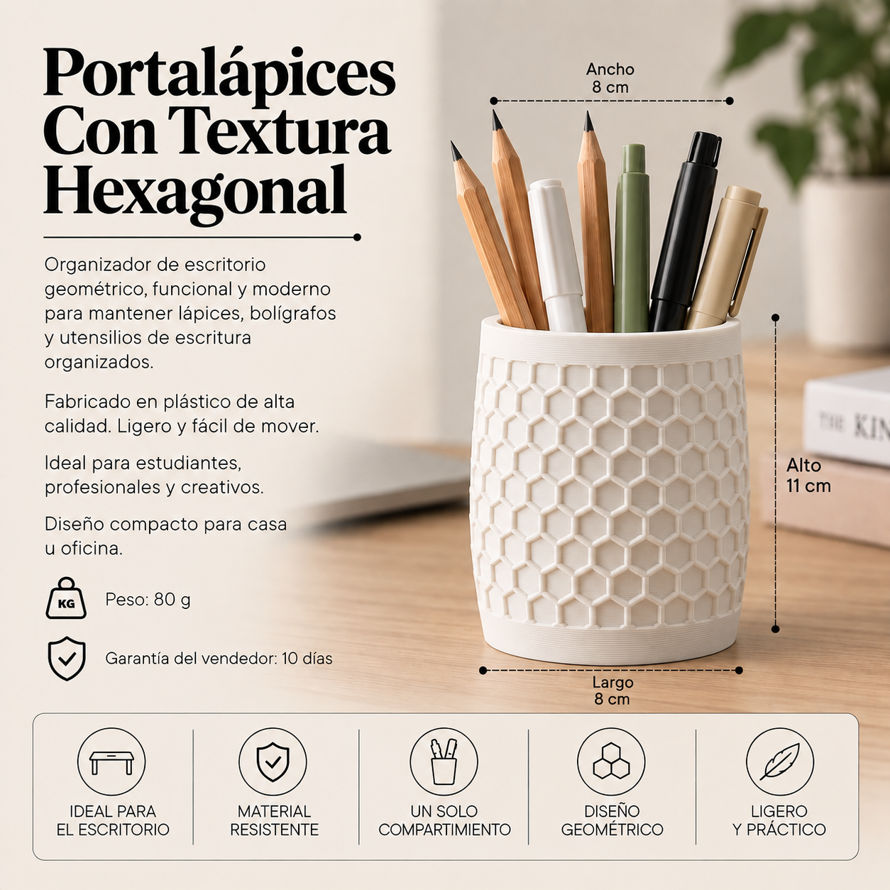 Portalápices Hexagonal Organizador De Escritorio Moderno Blanco-2
