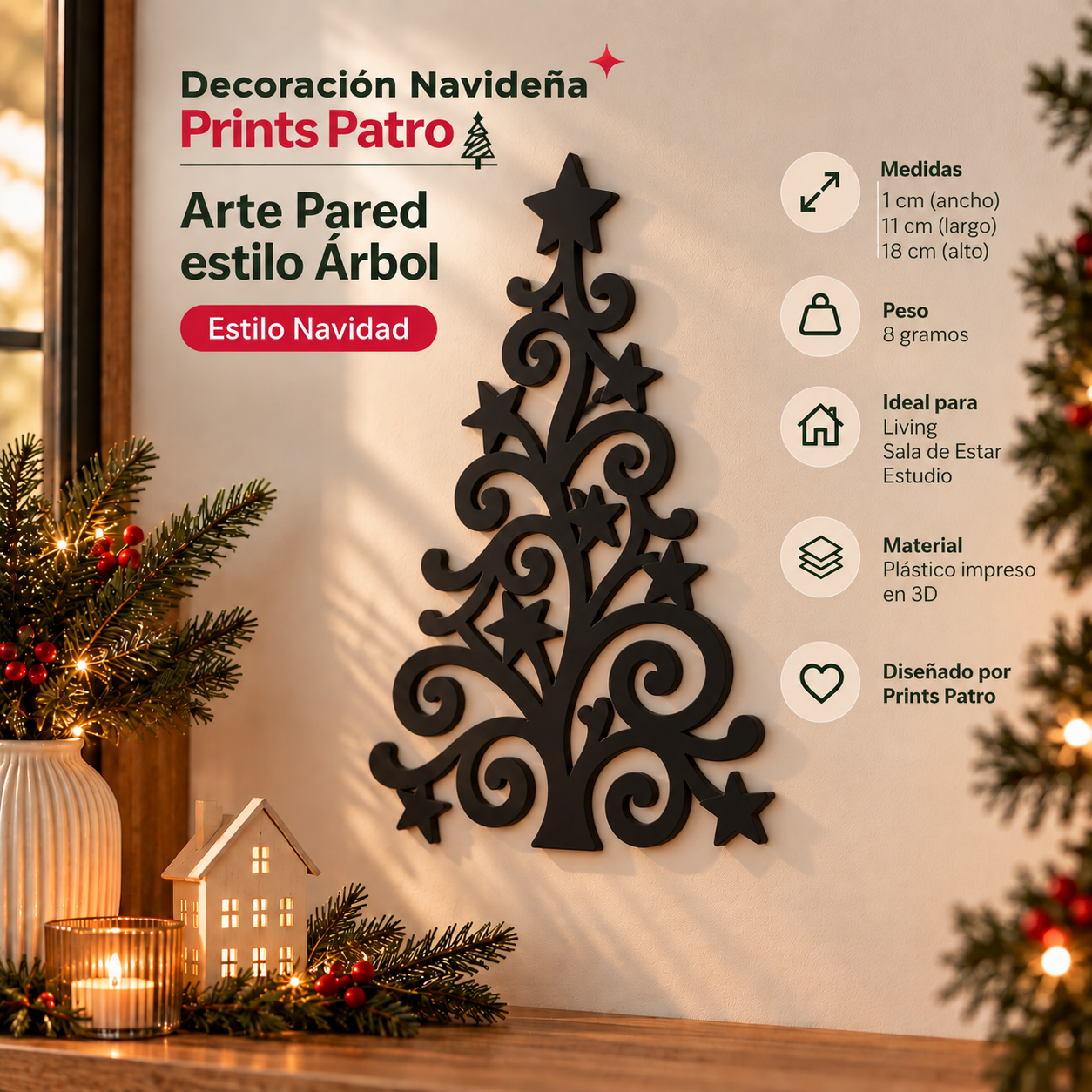 Decoración Navideña Prints Patro - Arte Pared estilo Árbol Negro-1
