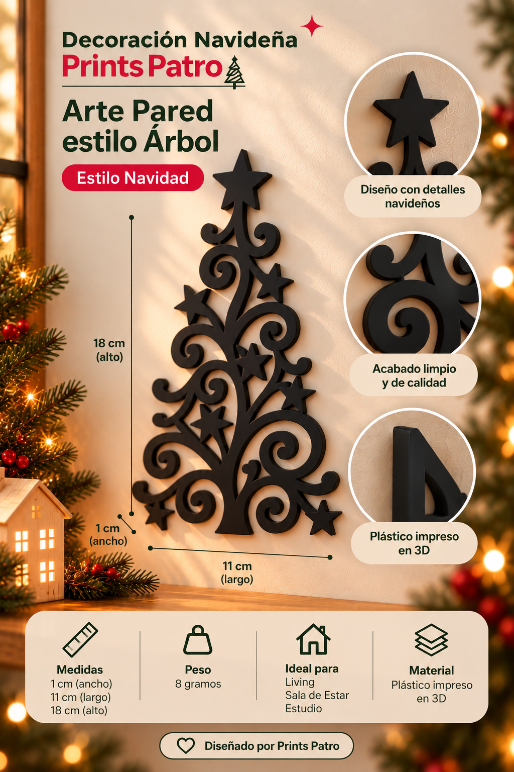 Decoración Navideña Prints Patro - Arte Pared estilo Árbol Negro-3