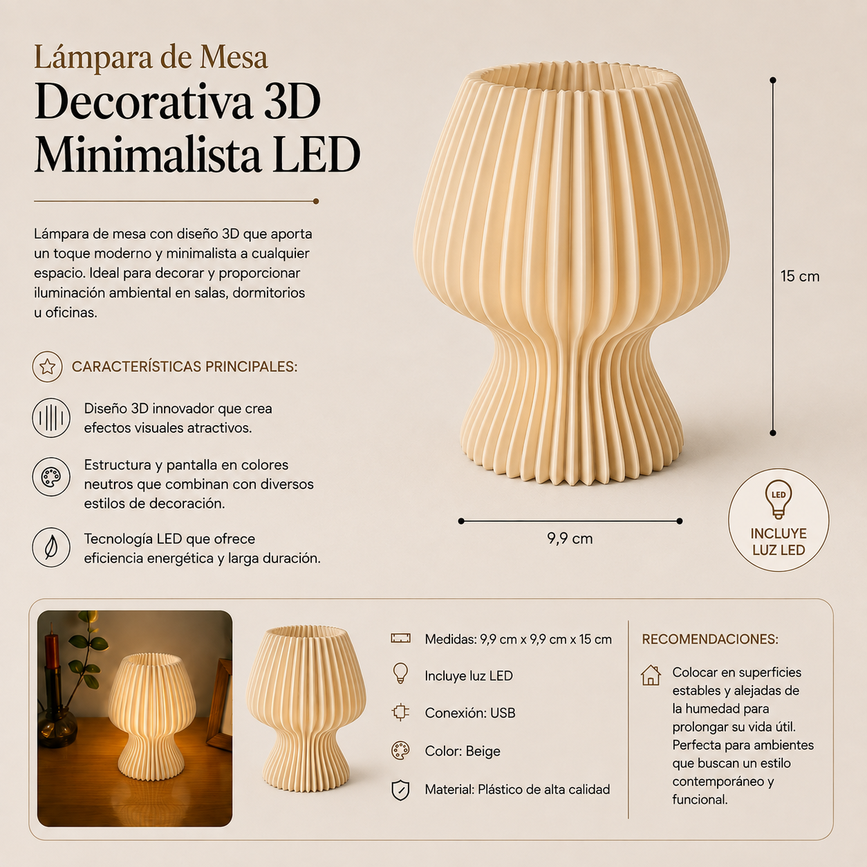Lámpara de Mesa Decorativa 3D Minimalista LED Beige-3