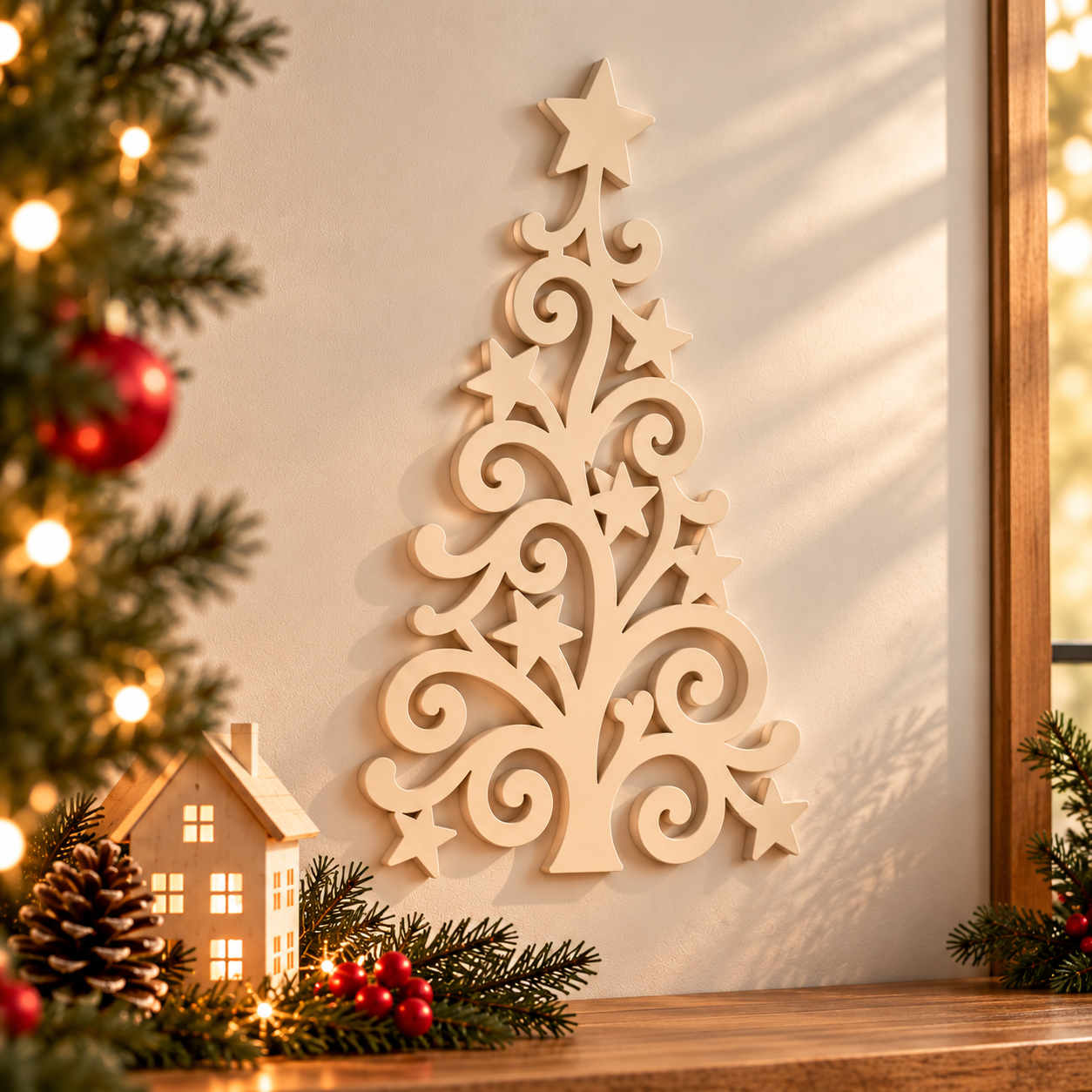 Decoración Navideña Prints Patro - Arte Pared estilo Árbol Beige-2