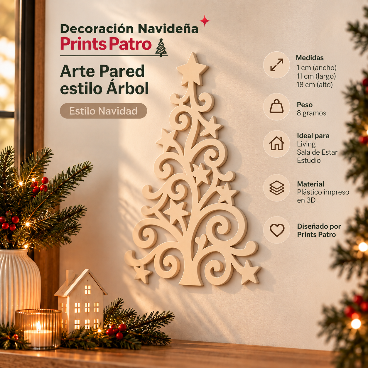 Decoración Navideña Prints Patro - Arte Pared estilo Árbol Beige-3
