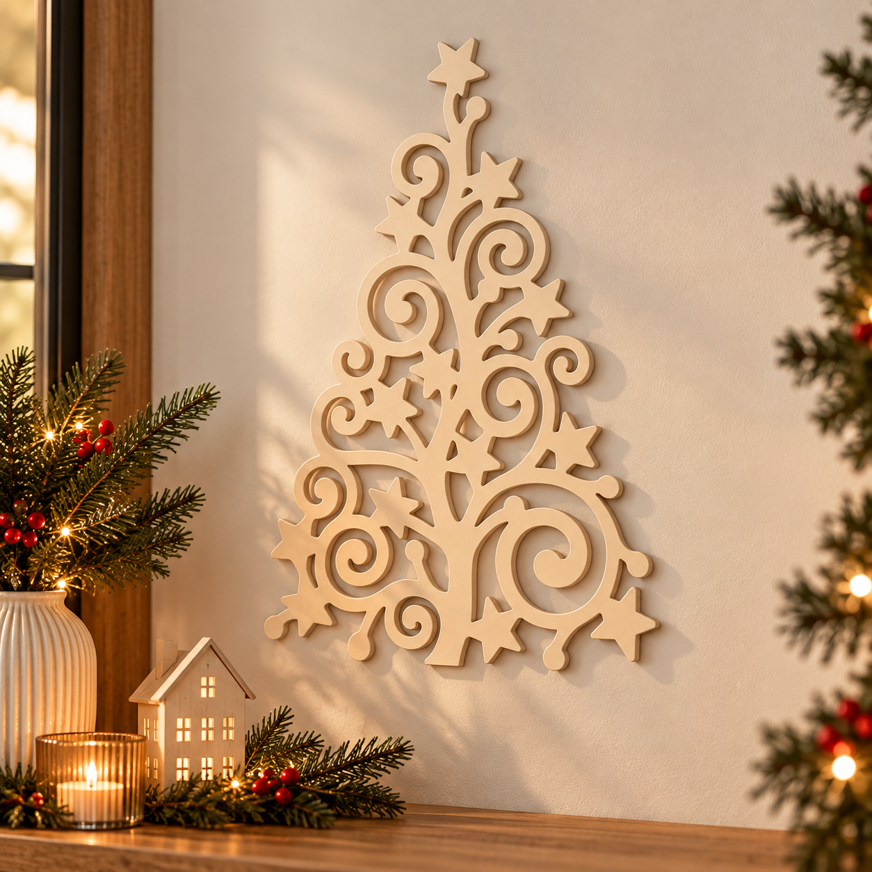 Decoración Navideña Prints Patro - Arte Pared estilo Árbol Beige-4