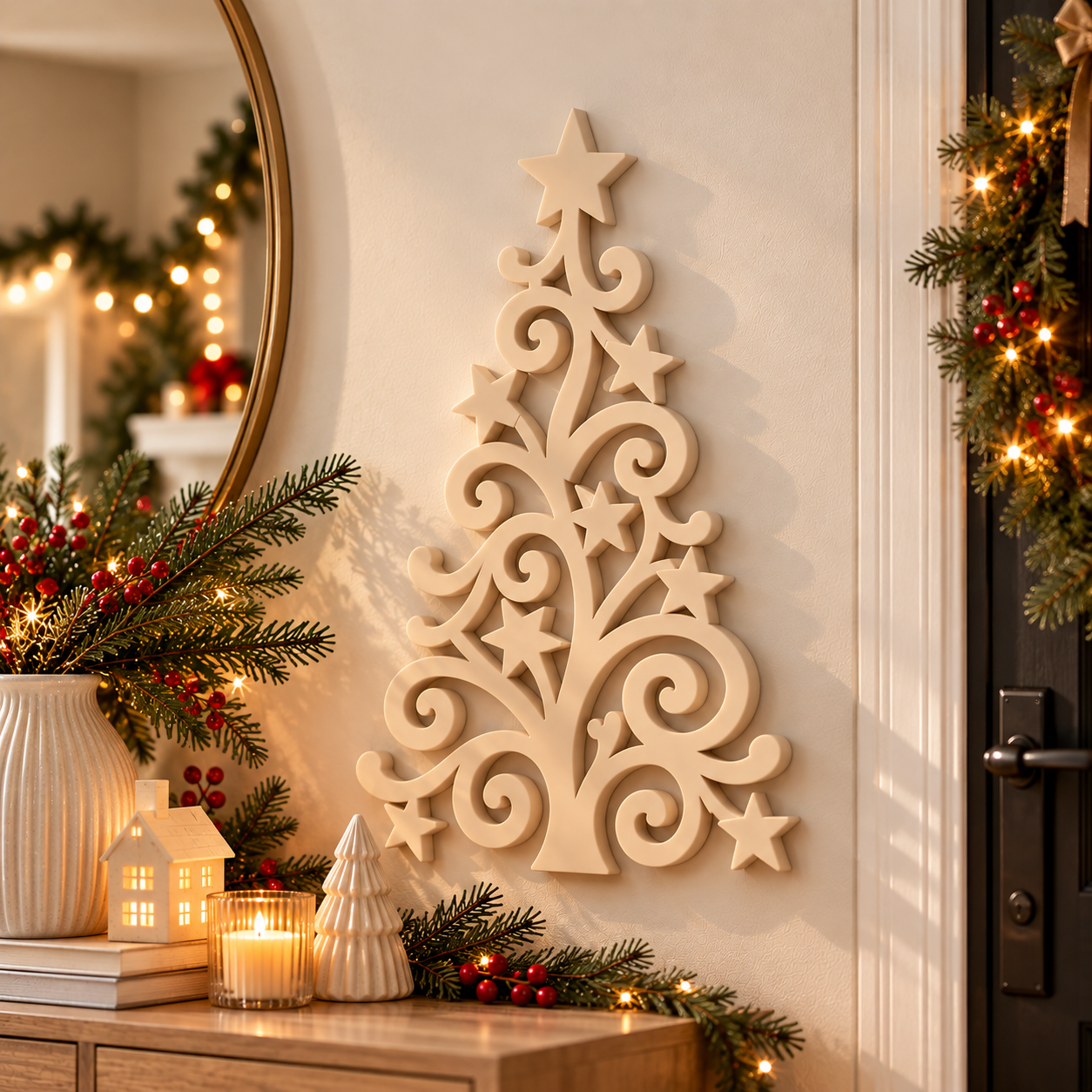 Decoración Navideña Prints Patro - Arte Pared estilo Árbol Beige-5