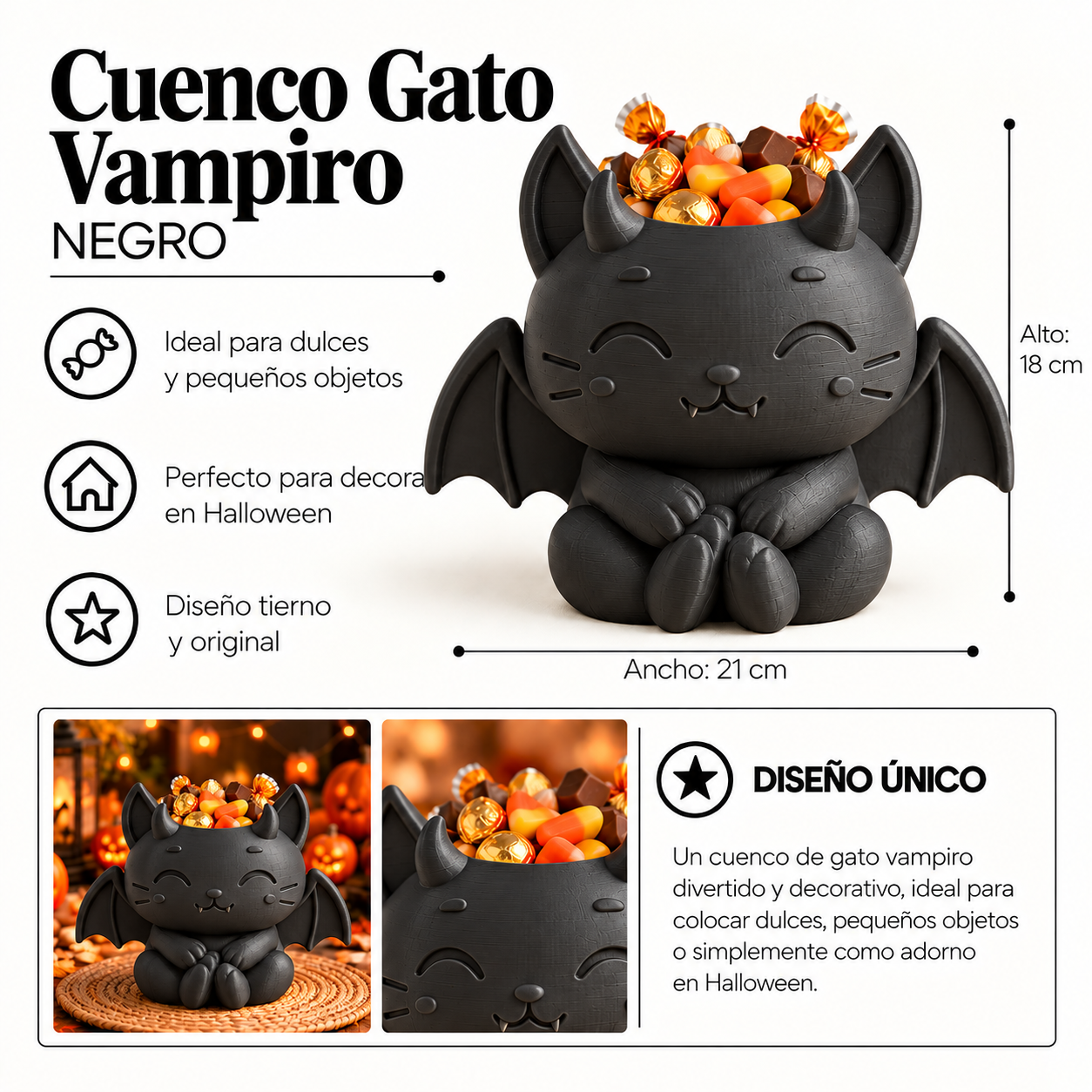 Bowl Decorativo- Gatito Vampiro Halloween 18 cm Negro-1