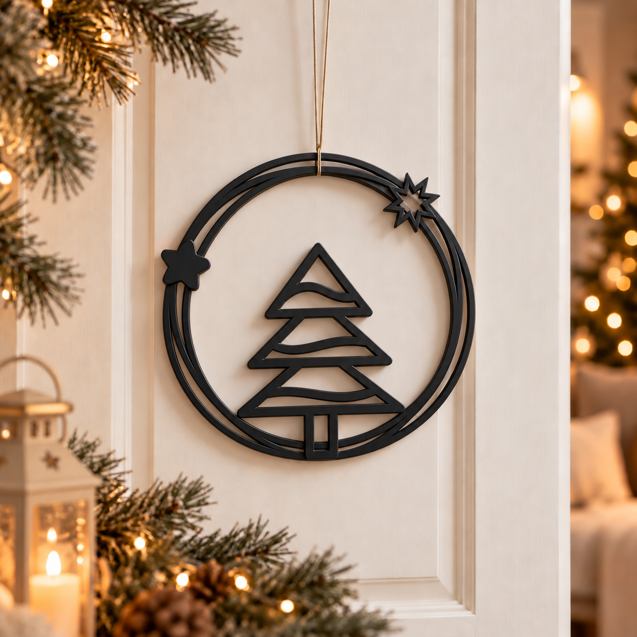 Decoración Navidad Prints Patro - Corona Estilo Árbol de Navidad Negro-0