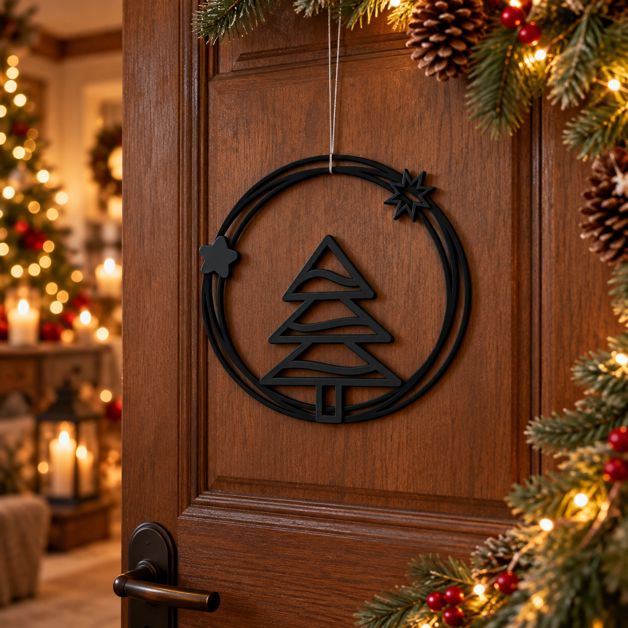 Decoración Navidad Prints Patro - Corona Estilo Árbol de Navidad Negro-2
