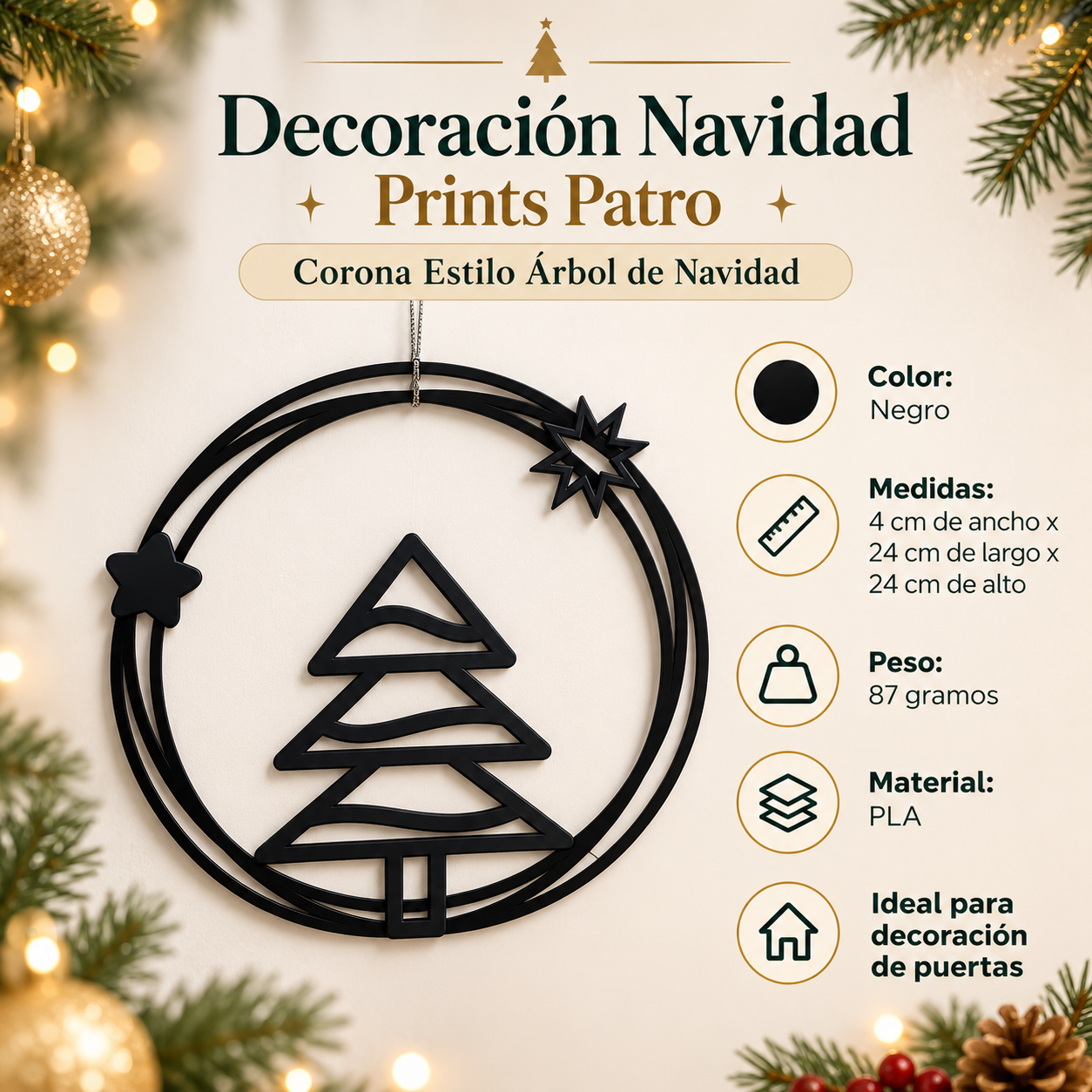 Decoración Navidad Prints Patro - Corona Estilo Árbol de Navidad Negro-3