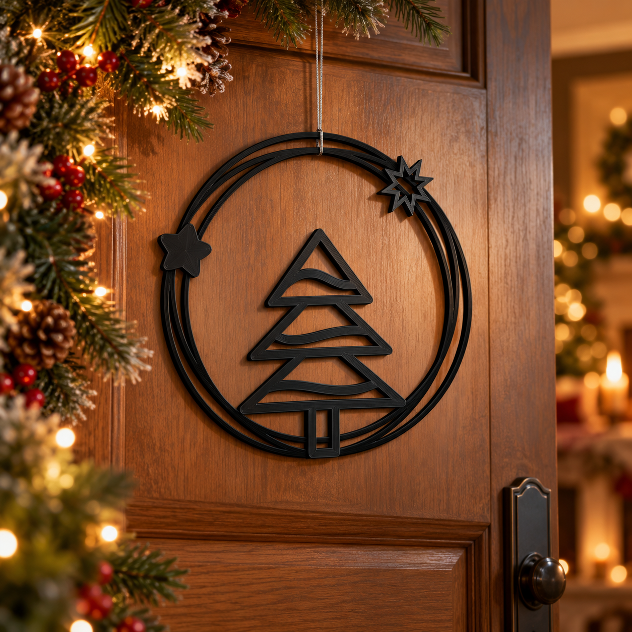 Decoración Navidad Prints Patro - Corona Estilo Árbol de Navidad Negro-4