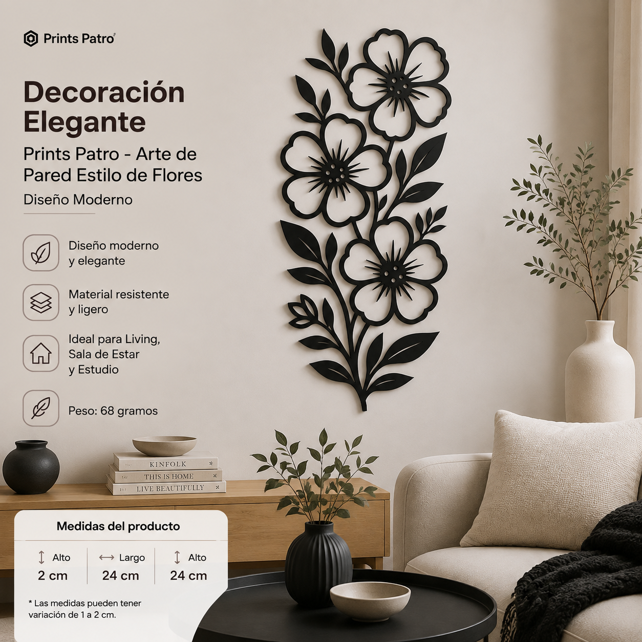 Decoración Elegante Prints Patro - Arte de Pared Estilo de Flores Negro-1