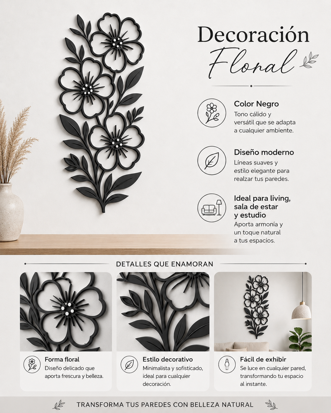 Decoración Elegante Prints Patro - Arte de Pared Estilo de Flores Negro-3
