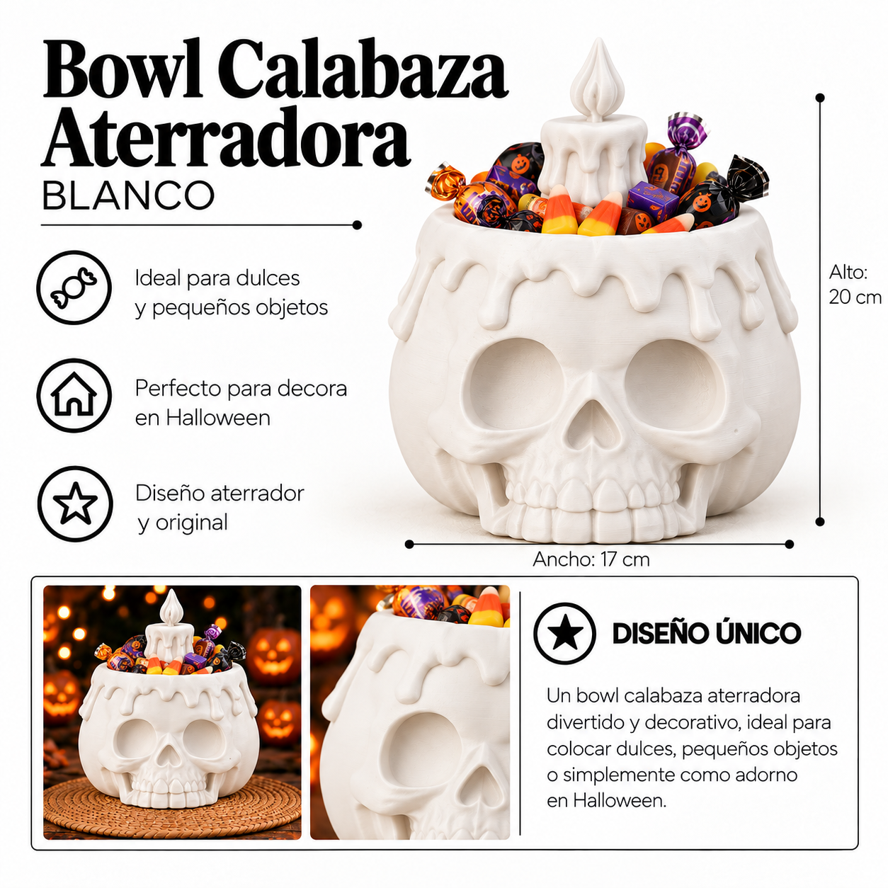 Bowl Decorativo- Calabaza Aterradora Halloween 20 cm Blanco-1