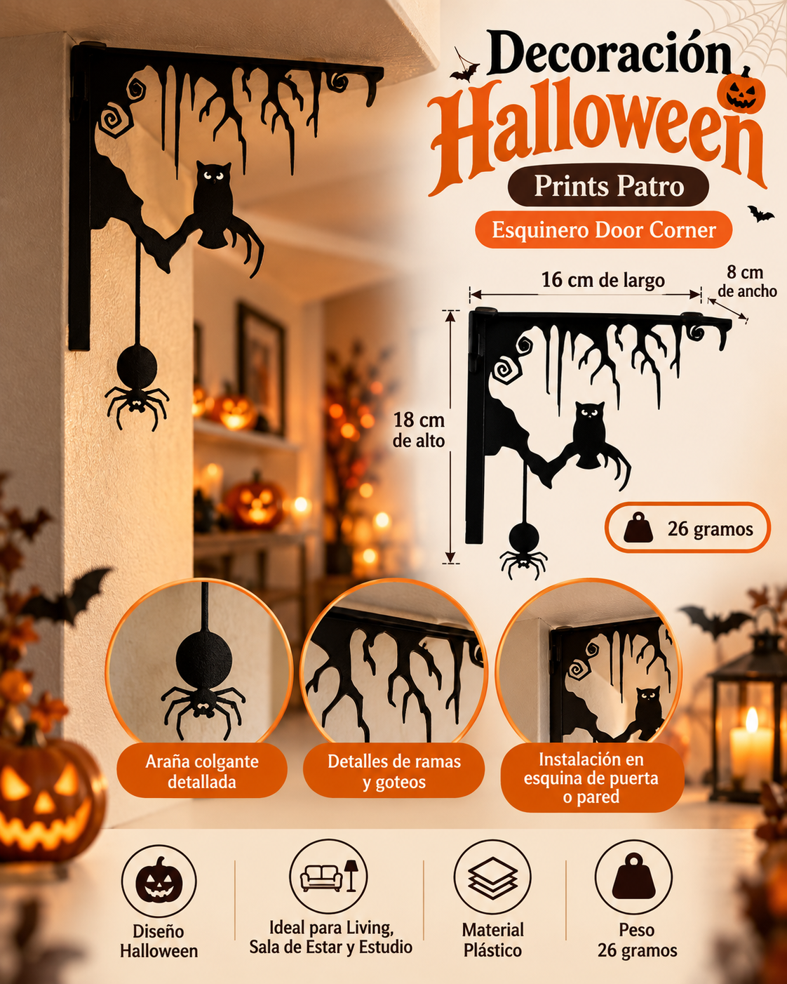Decoración Halloween Prints Patro - Esquinero Door Corner Negro-3