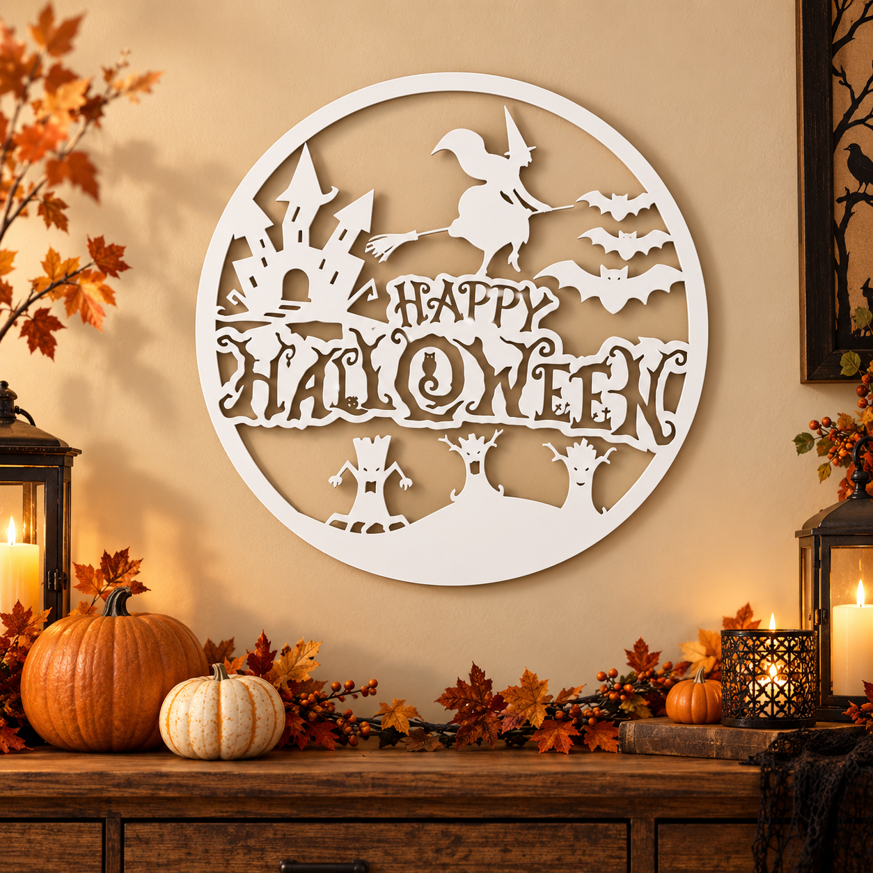 Decoración Elegante Prints Patro - Letrero Pared Feliz Halloween Blanco-0