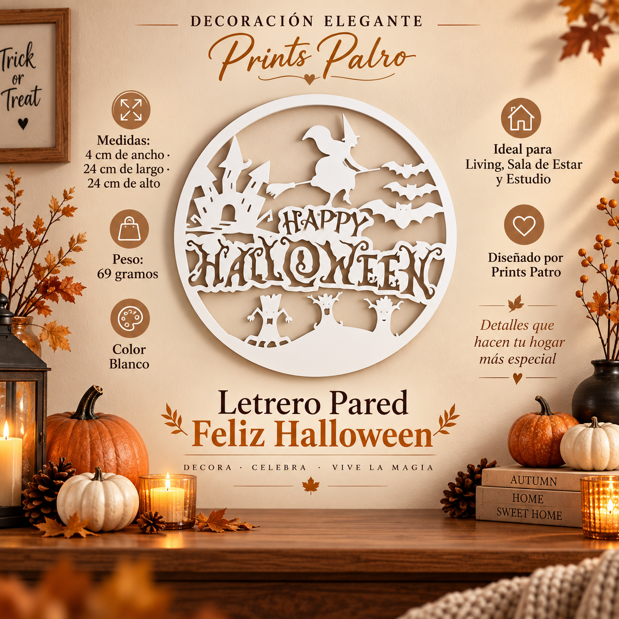 Decoración Elegante Prints Patro - Letrero Pared Feliz Halloween Blanco-1