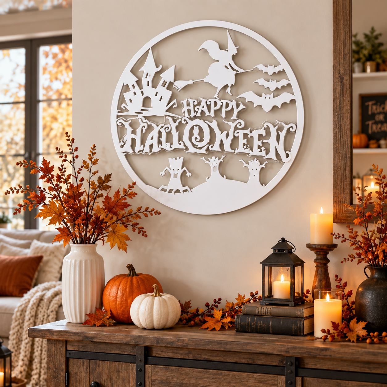 Decoración Elegante Prints Patro - Letrero Pared Feliz Halloween Blanco-2
