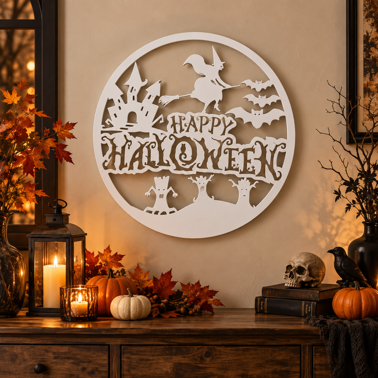 Decoración Elegante Prints Patro - Letrero Pared Feliz Halloween Blanco-4