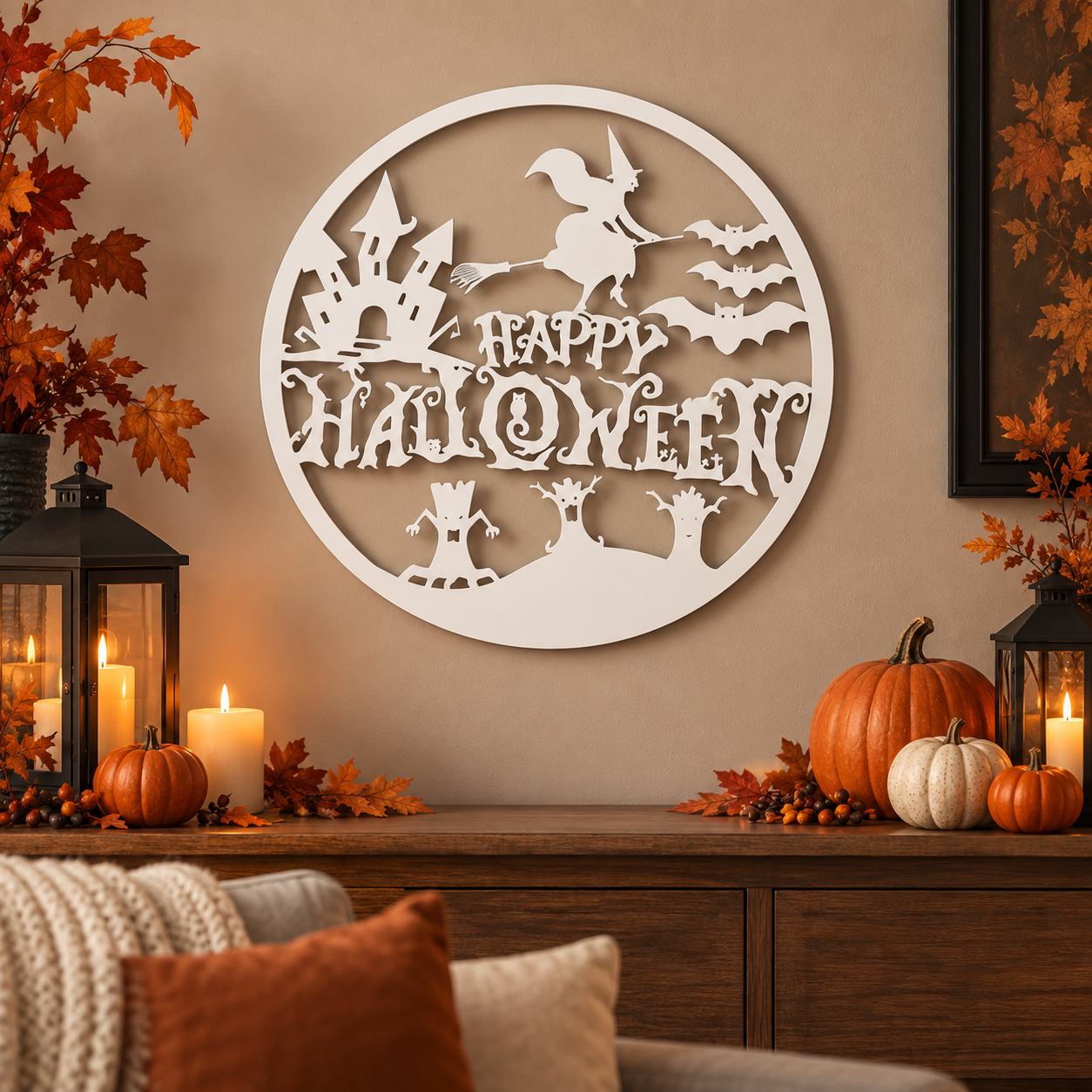 Decoración Elegante Prints Patro - Letrero Pared Feliz Halloween Blanco-5