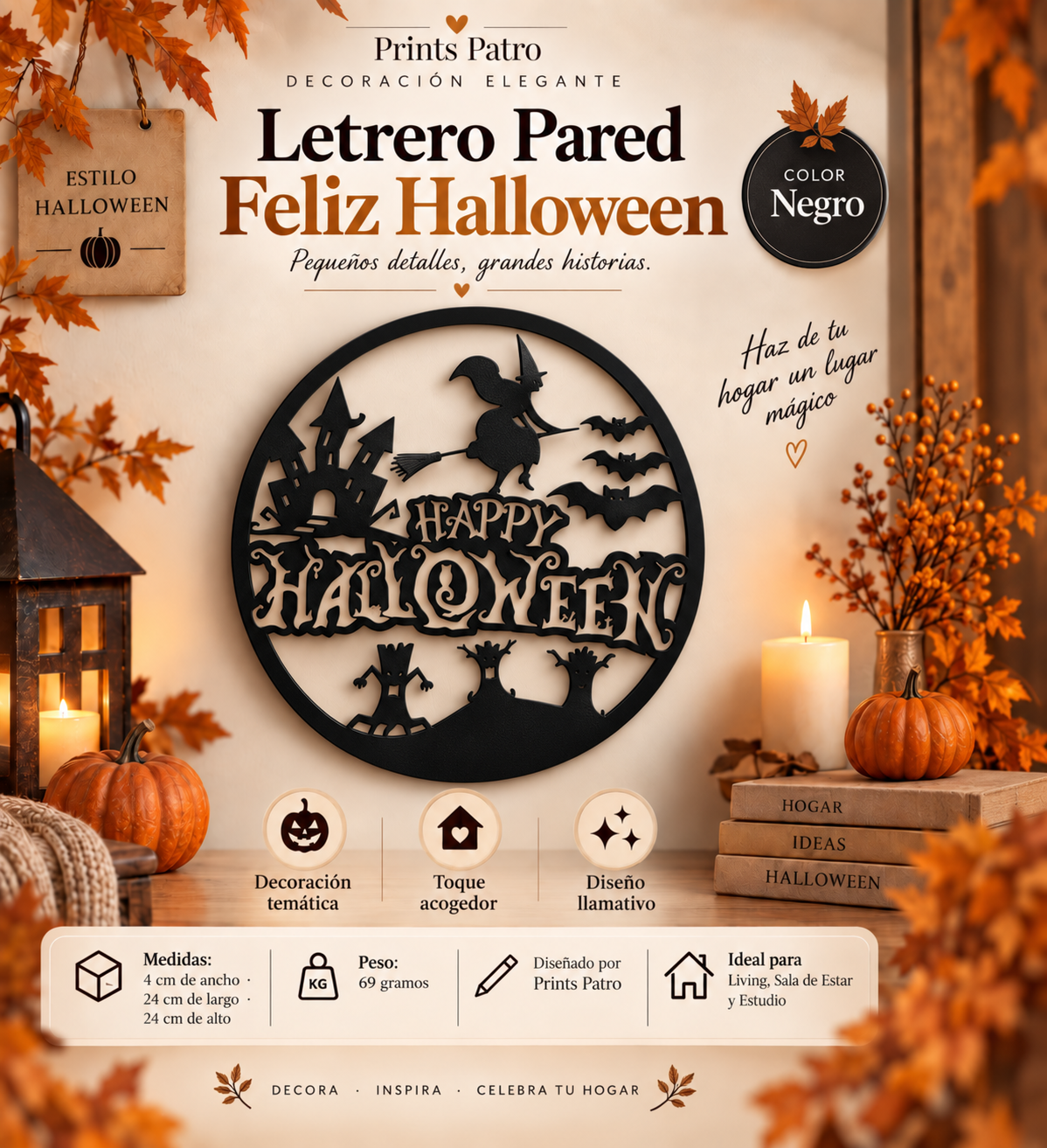 Decoración Elegante Prints Patro - Letrero Pared Feliz Halloween Negro-3