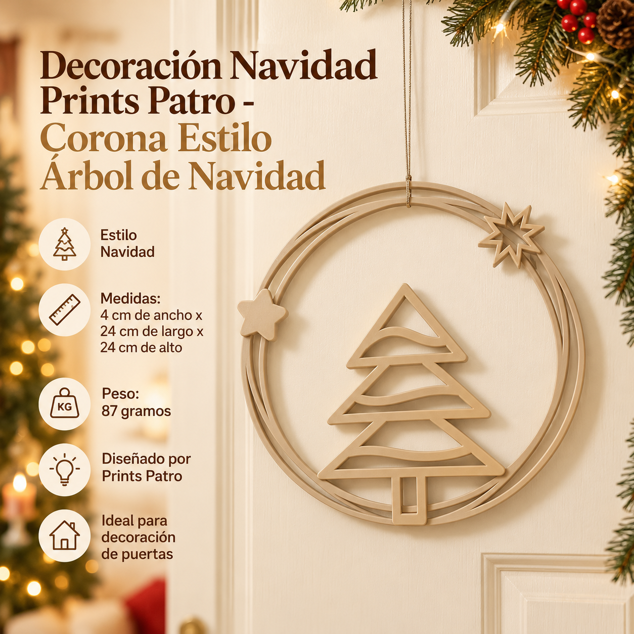 Decoración Navidad Prints Patro - Corona Estilo Árbol de Navidad Beige-1