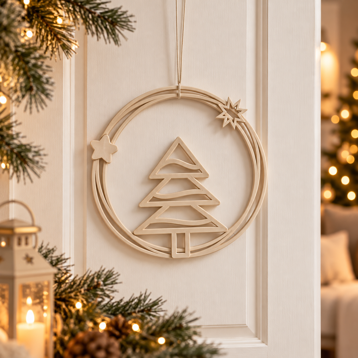 Decoración Navidad Prints Patro - Corona Estilo Árbol de Navidad Beige-2
