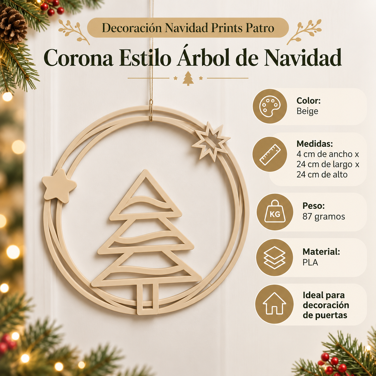 Decoración Navidad Prints Patro - Corona Estilo Árbol de Navidad Beige-3
