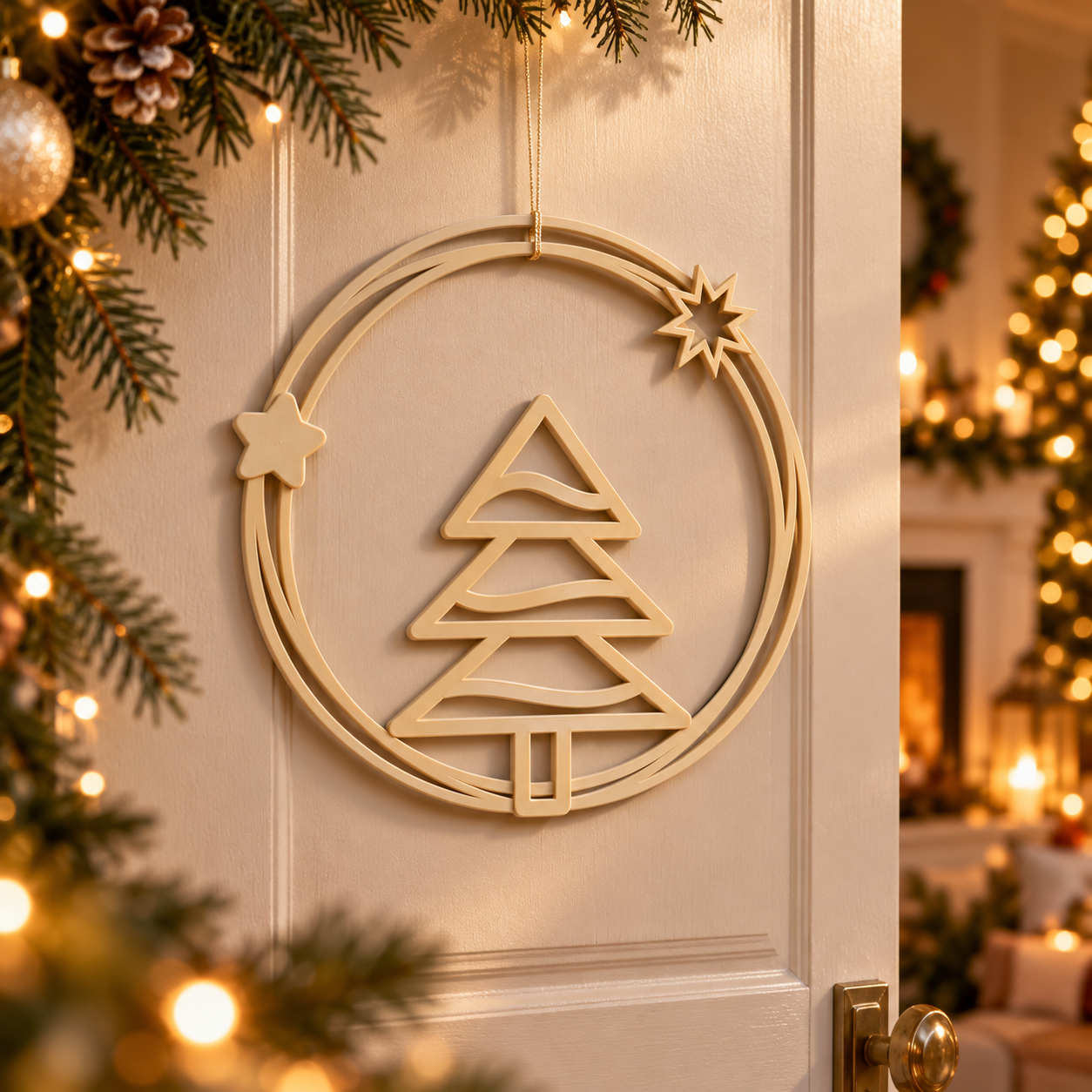 Decoración Navidad Prints Patro - Corona Estilo Árbol de Navidad Beige-4