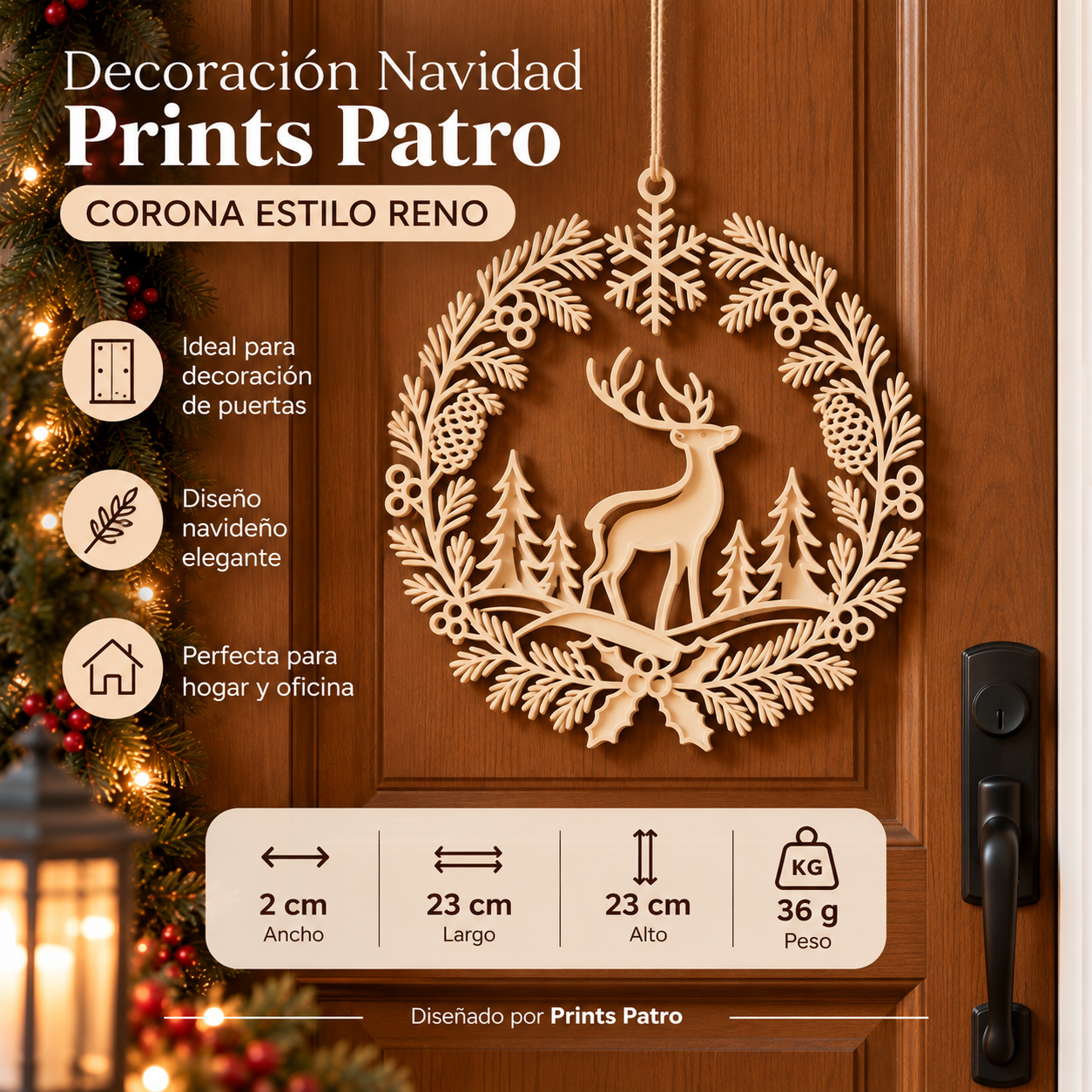 Decoración Navidad Prints Patro - Corona Estilo Reno Beige-1