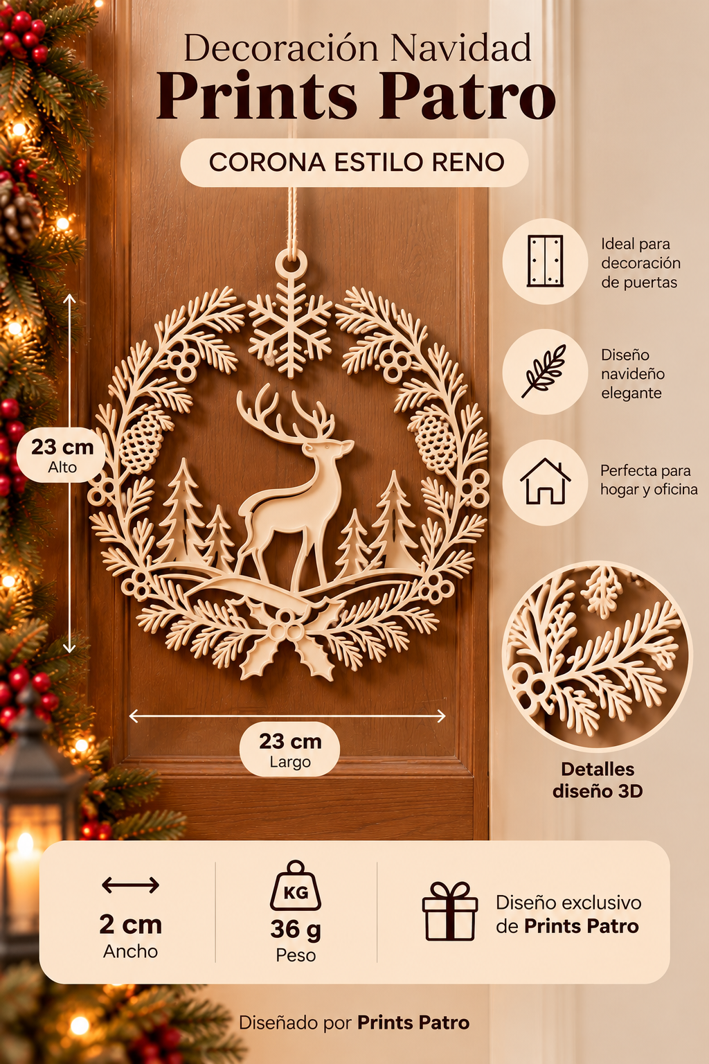 Decoración Navidad Prints Patro - Corona Estilo Reno Beige-3