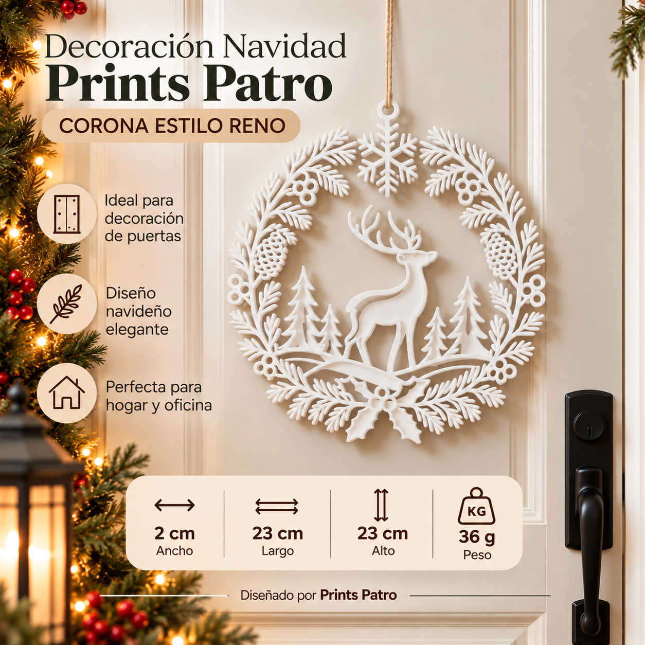 Decoración Navidad Prints Patro - Corona Estilo Reno Blanco-1