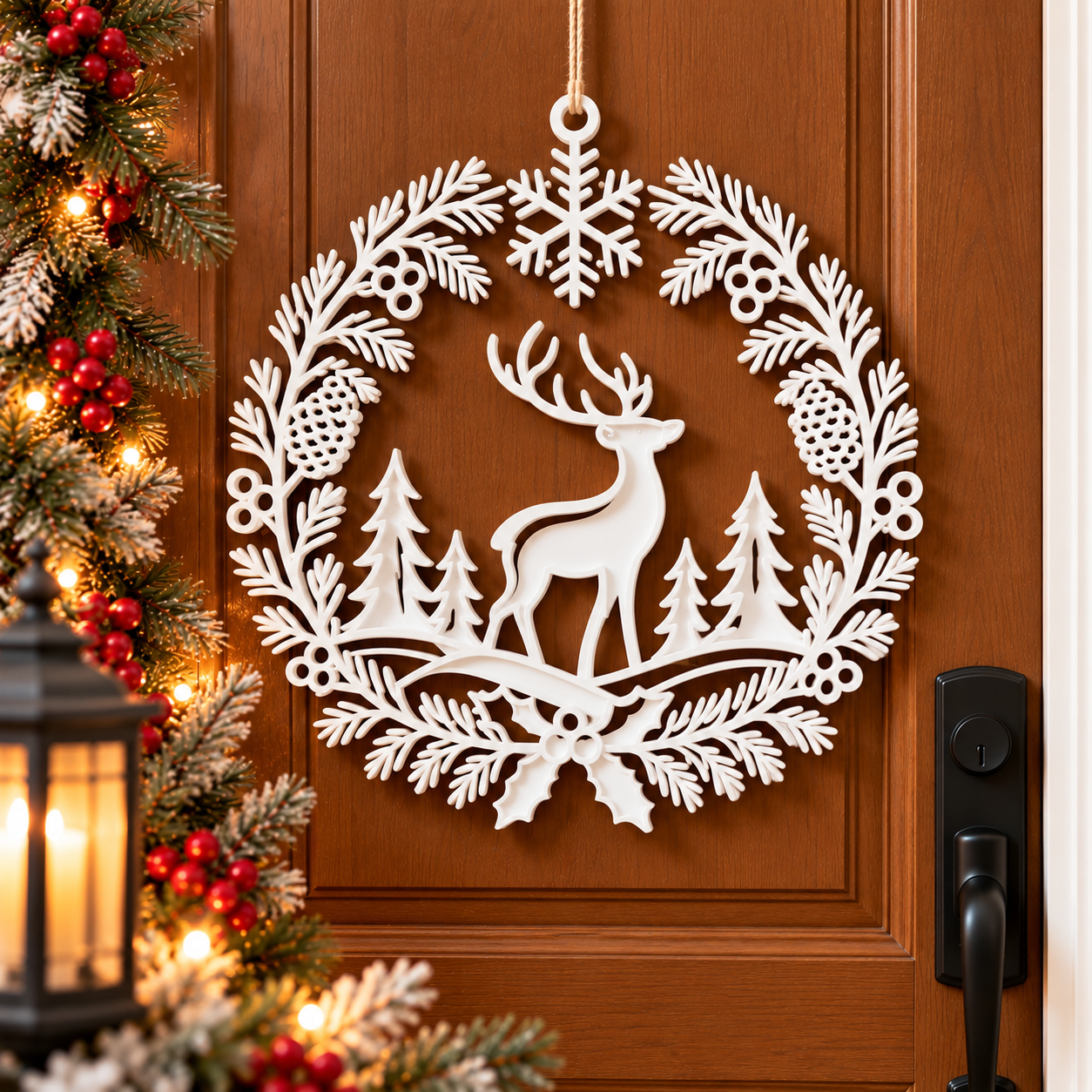 Decoración Navidad Prints Patro - Corona Estilo Reno Blanco-5