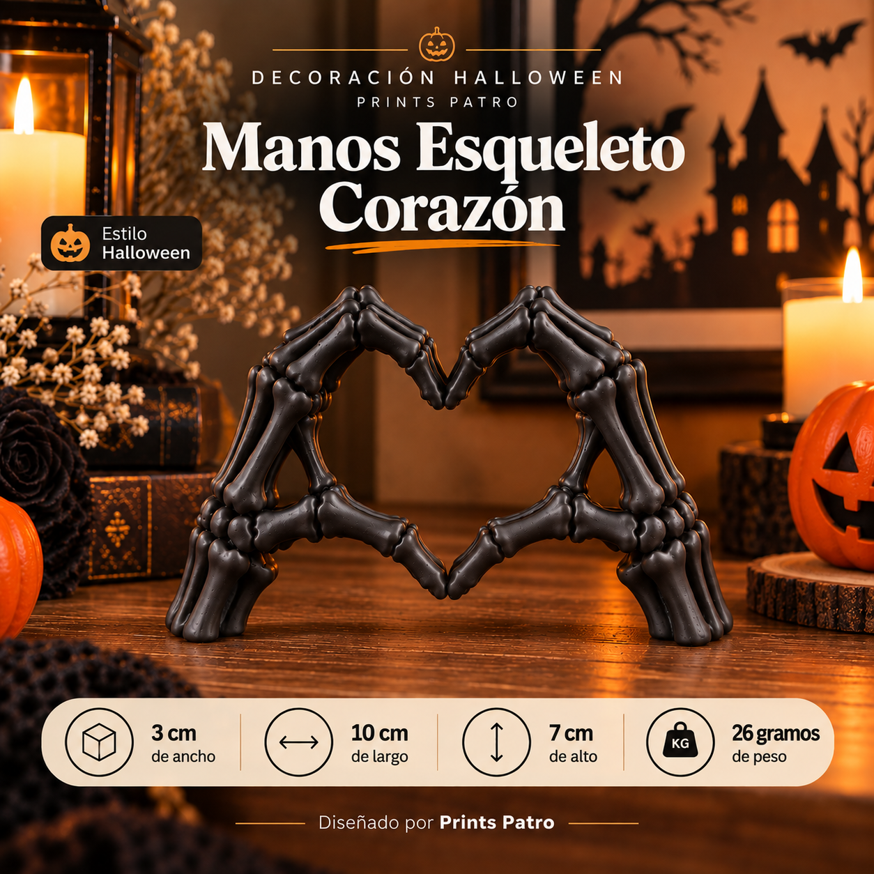 Decoración Halloween Prints Patro - Manos Esqueleto Corazón Negro-1