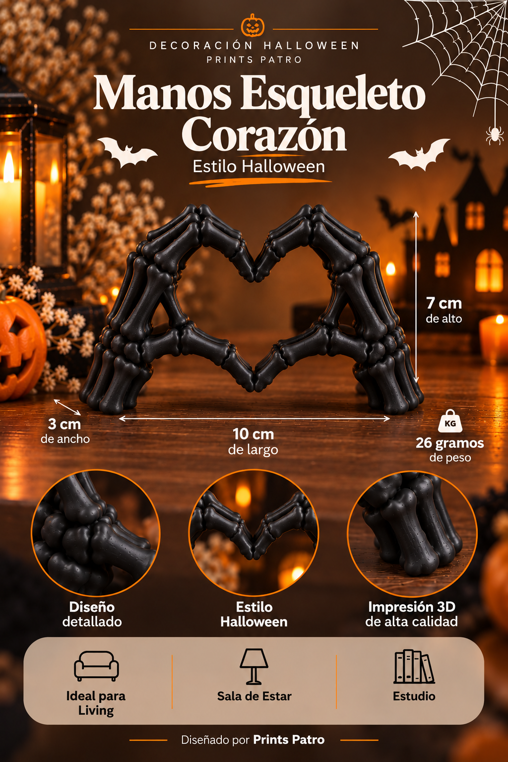 Decoración Halloween Prints Patro - Manos Esqueleto Corazón Negro-3