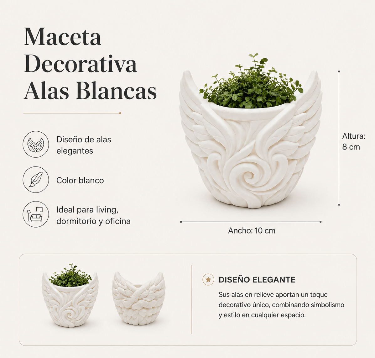Macetero Decorativo Hogar- Forma Alas 9 cm Blancas-1