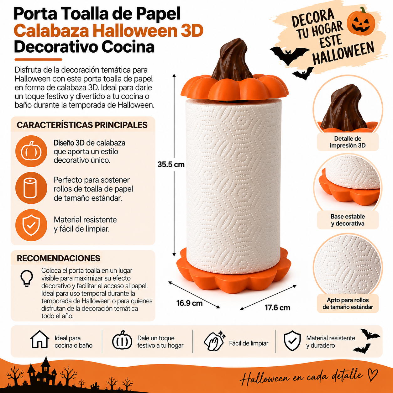 Porta Toalla de Papel Calabaza Halloween 3D Decorativo Cocina-4