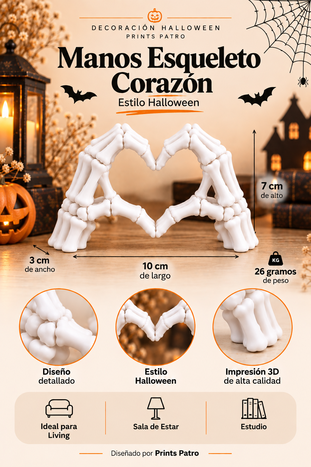 Decoración Halloween Prints Patro - Manos Esqueleto Corazón Blanco-3