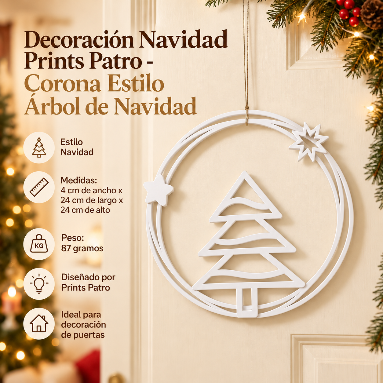 Decoración Navidad Prints Patro - Corona Estilo Árbol de Navidad Blanco-1