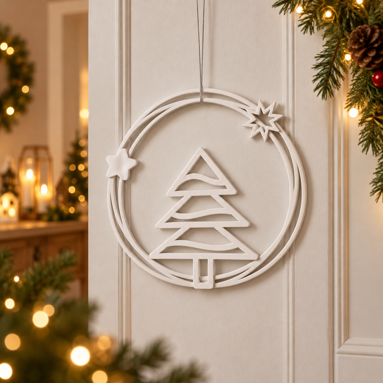 Decoración Navidad Prints Patro - Corona Estilo Árbol de Navidad Blanco-2