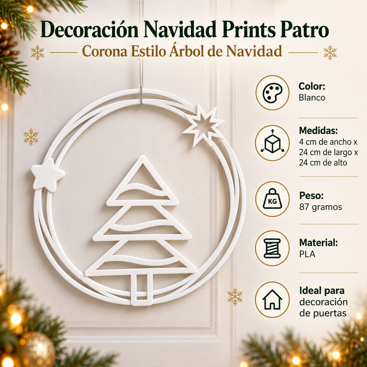 Decoración Navidad Prints Patro - Corona Estilo Árbol de Navidad Blanco-3