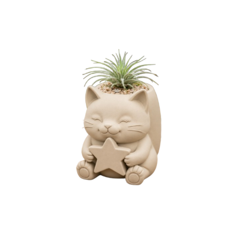 Macetero Decorativo Hogar- Gatito Estrella 15 cm Beige -0