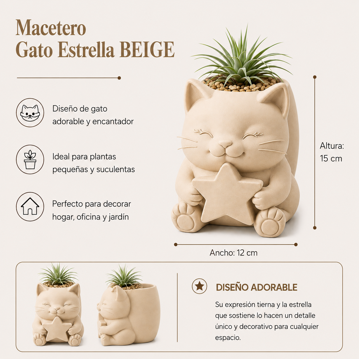 Macetero Decorativo Hogar- Gatito Estrella 15 cm Beige -1