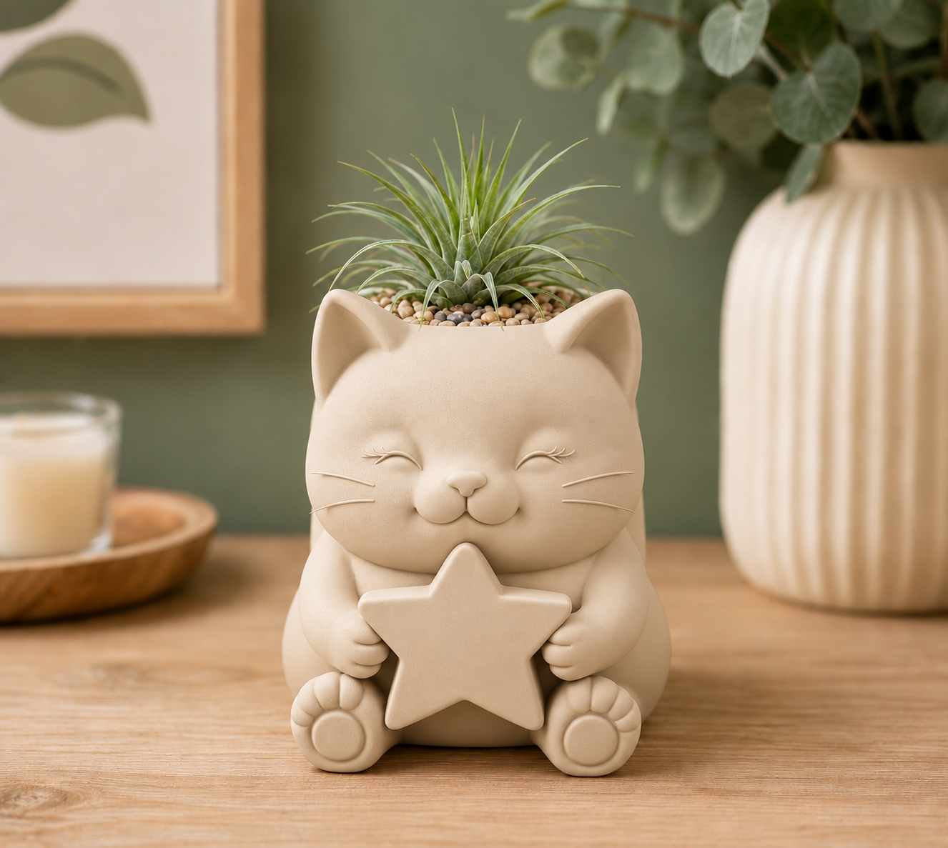 Macetero Decorativo Hogar- Gatito Estrella 15 cm Beige -2