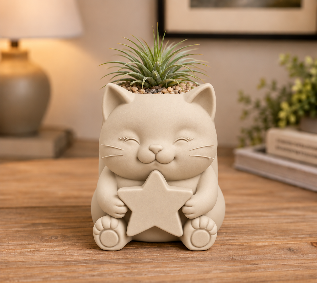 Macetero Decorativo Hogar- Gatito Estrella 15 cm Beige -3