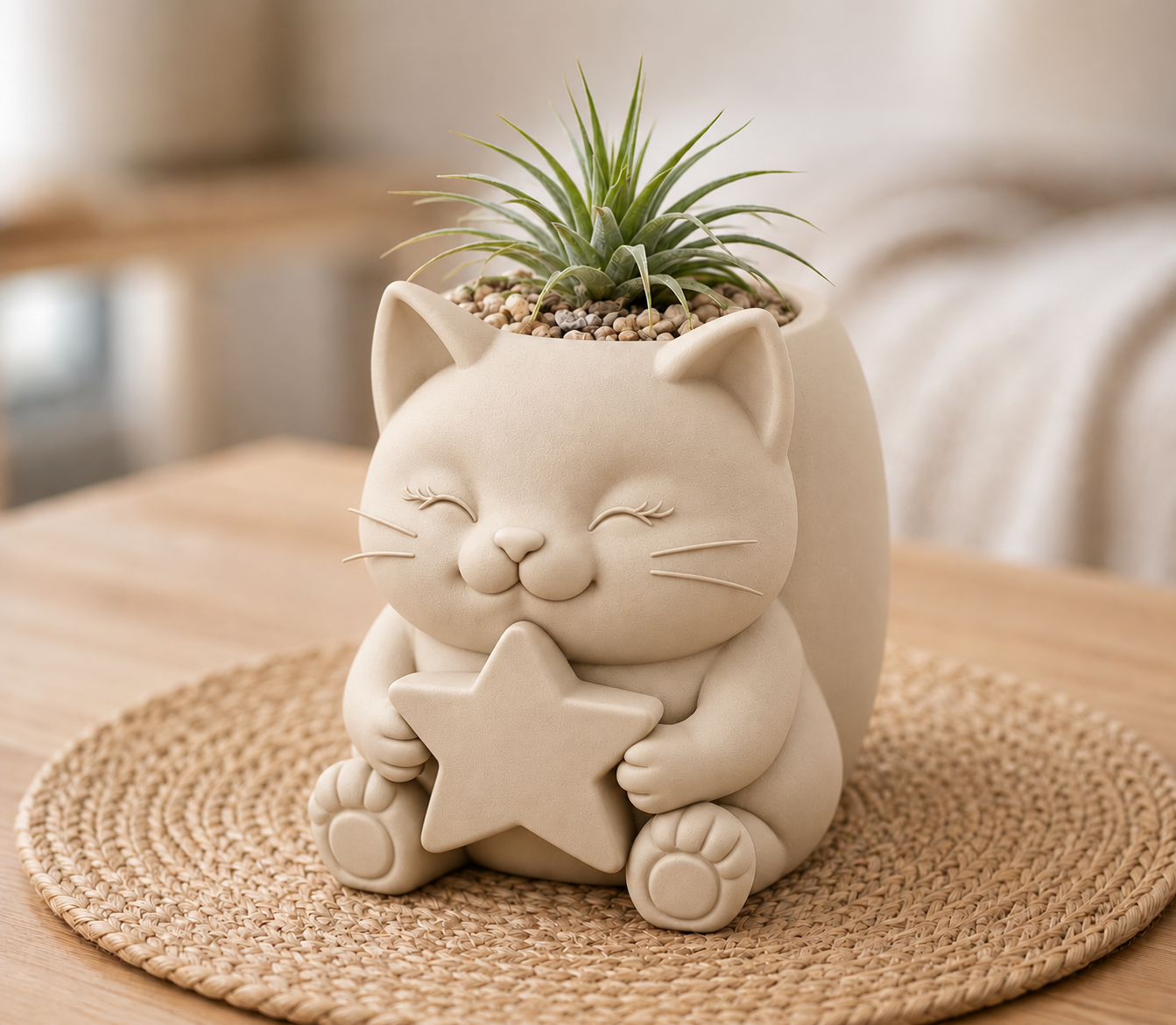 Macetero Decorativo Hogar- Gatito Estrella 15 cm Beige -4