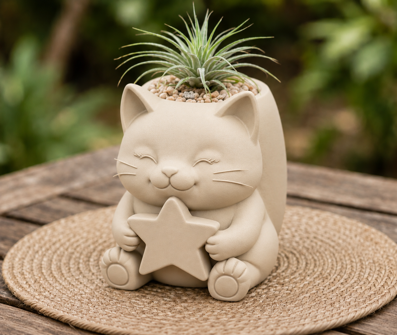 Macetero Decorativo Hogar- Gatito Estrella 15 cm Beige -5
