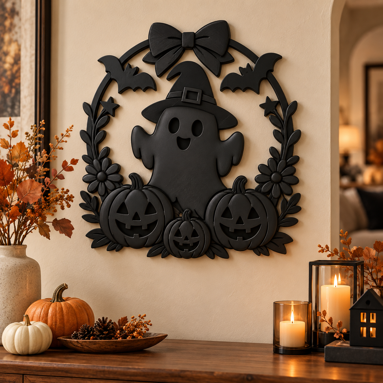 Decoración Elegante Prints Patro - Corona de Fantasma Espeluznante de Halloween Negro-0