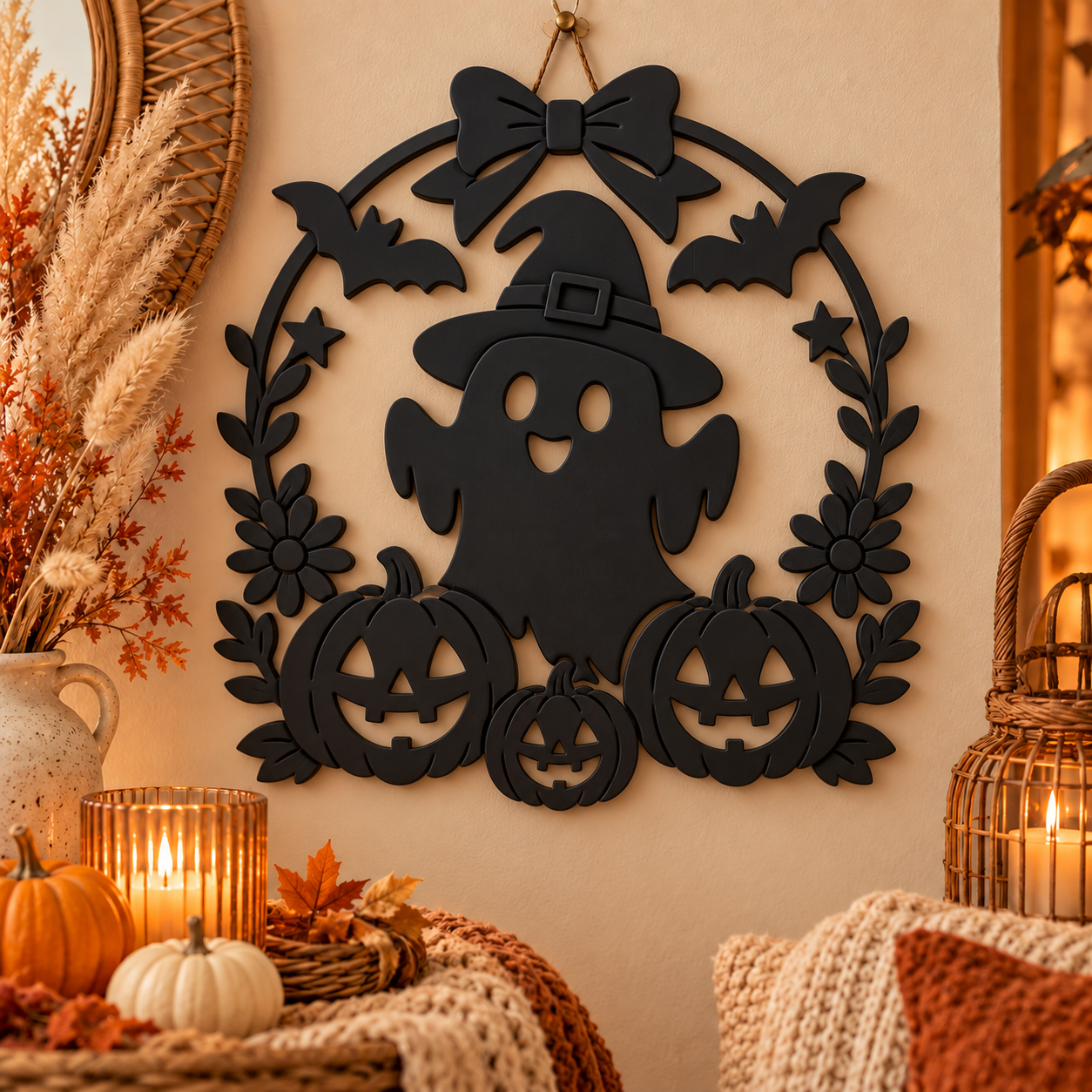 Decoración Elegante Prints Patro - Corona de Fantasma Espeluznante de Halloween Negro-2