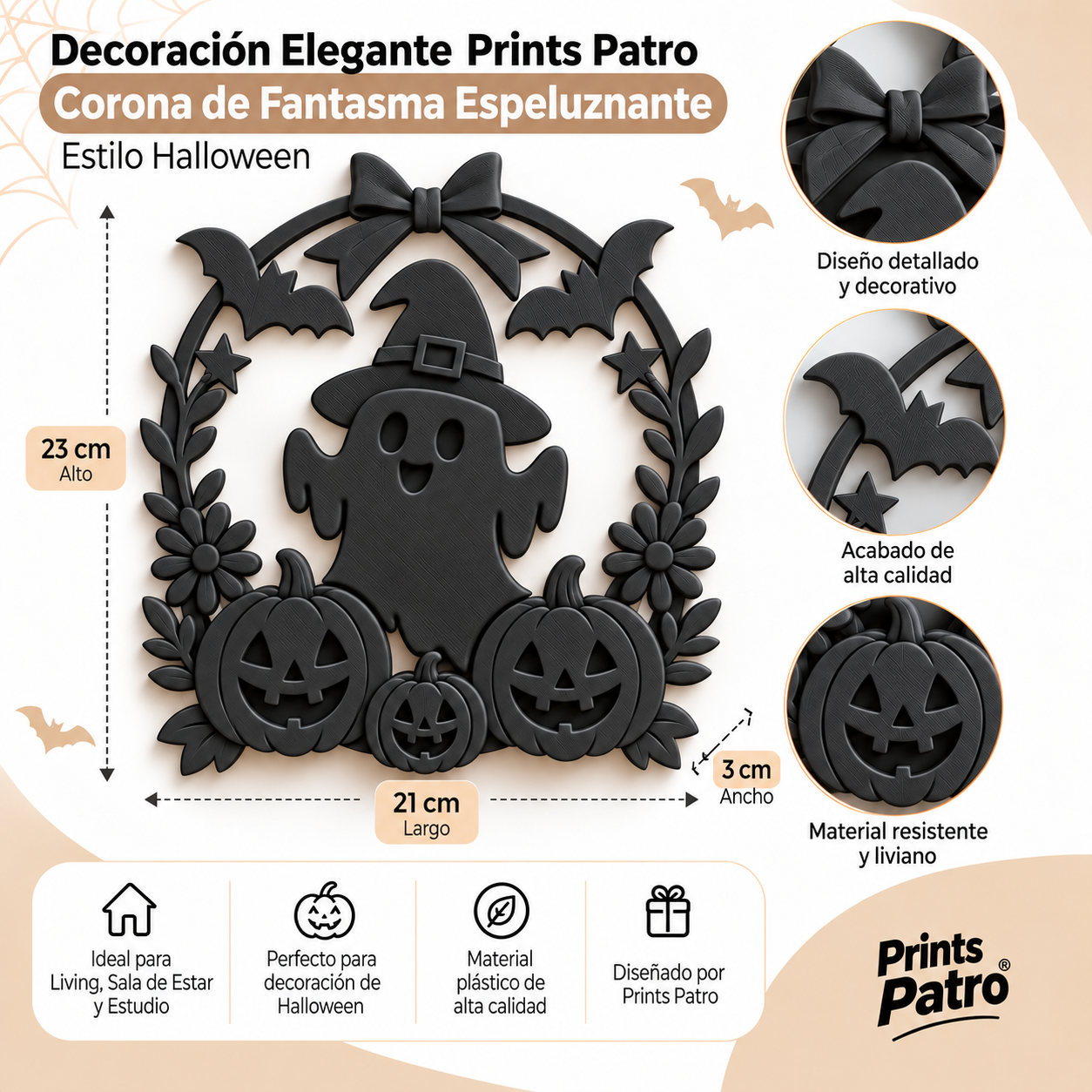 Decoración Elegante Prints Patro - Corona de Fantasma Espeluznante de Halloween Negro-3