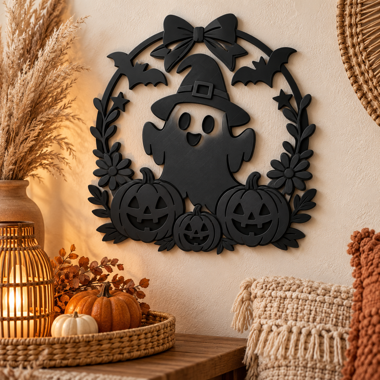Decoración Elegante Prints Patro - Corona de Fantasma Espeluznante de Halloween Negro-4