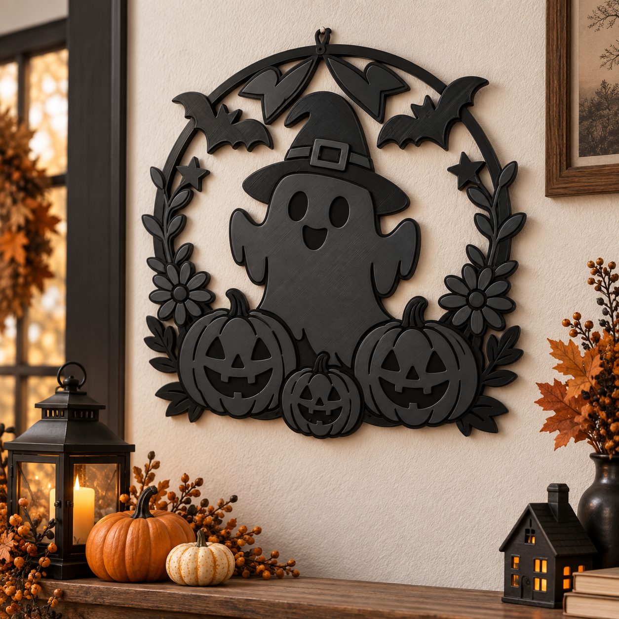 Decoración Elegante Prints Patro - Corona de Fantasma Espeluznante de Halloween Negro-5